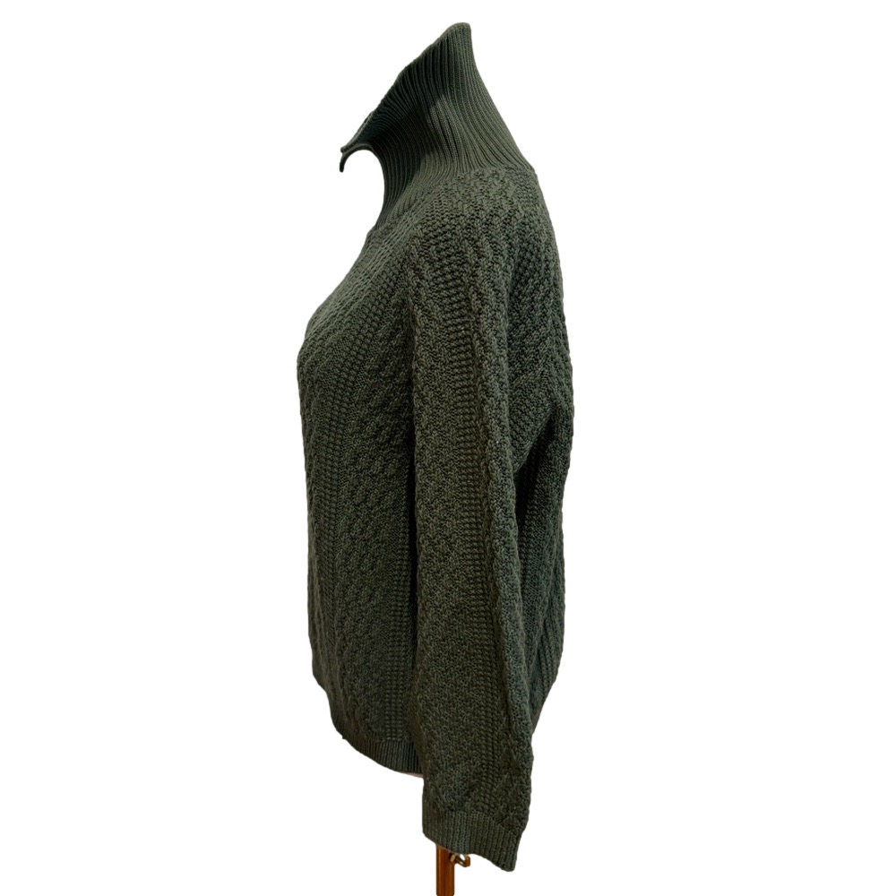 1962 JC PENNEYS OLIVE GREEN HIGH COLLAR CABLE KNIT SWEATER 3/4 SLEEVE MCM SZ L - Picture 2 of 6